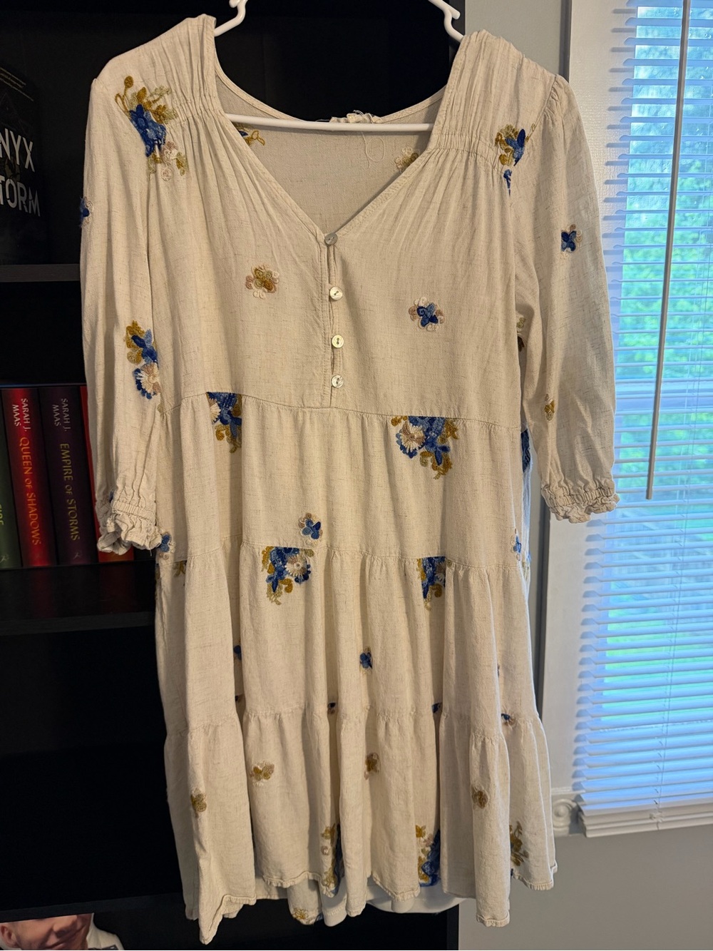 Cream Floral Button-Front Tiered Midi Dress